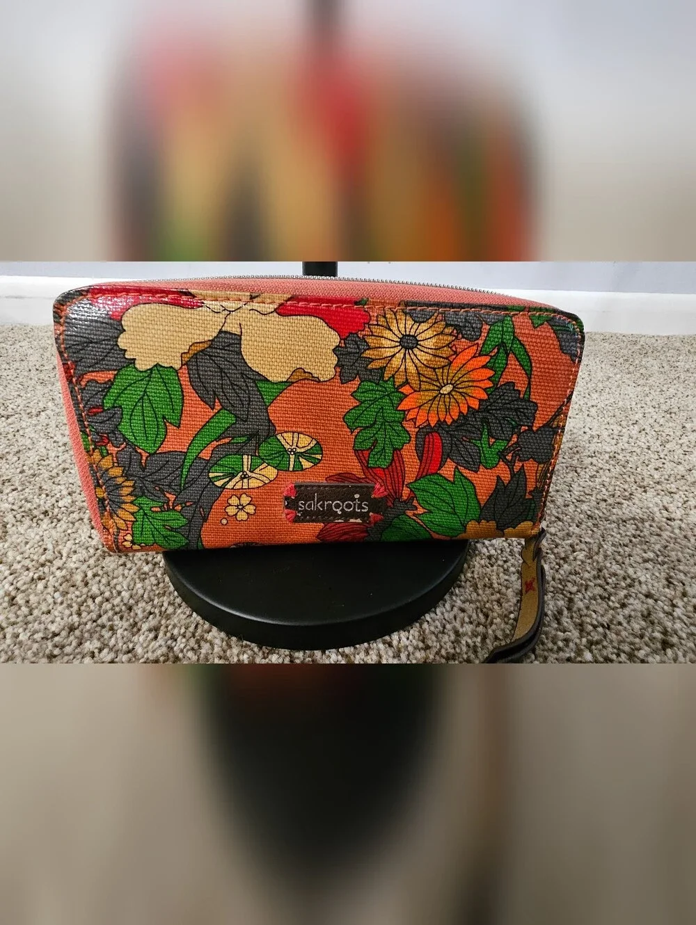Sakroots Orange Floral Canvas Cosmetic Wristlet with Green Accents